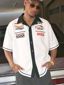 AXEPEAK Lockeres, lässiges Herrenhemd mit Grafik-Muster, Button-Down-Kragen, Kurzarm, weiß, Streetwear Stil