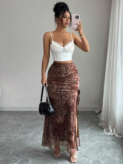 Rafferiza Women's Elegant Leopard Print Mesh Elastic Waist High Slit A-Line Skirt Fall Cloth For Women