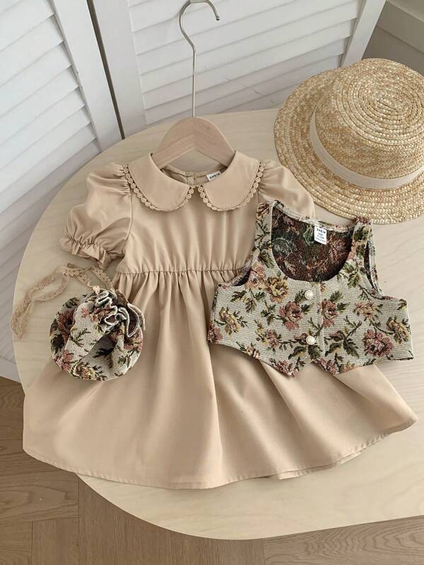 SHEIN Conjunto de 2 piezas de vestido de manga corta con cuello de muñeca y chaleco con estampado floral vintage para niña bebé