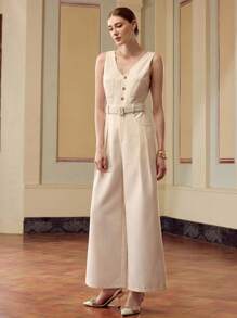 ZEYLAH Jumpsuit Wanita Elegan Minimalis dengan Kancing dan Resleting Setengah, Musim Panas - Aprikot - View 4