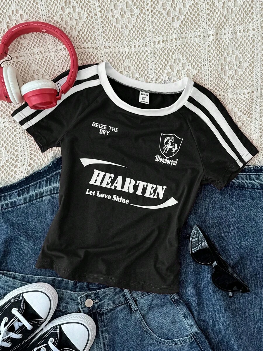 少女红色修身圆领撞色边 T 恤、街舞、赛车标志字母图案 T 恤、黑色运动服图案 T 恤 - 黑色 - 查看 1