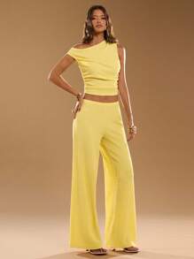 SHEIN BAE 2 件/套时尚咖啡色不对称肩部不对称针织上衣和宽松阔腿针织口袋裤，适合时尚外出、海滩度假、意大利假期、外出、邮轮装、早午餐装、伊比沙岛装、女士夏季套装 - 黃色 - 查看 5