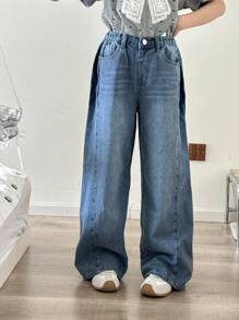 Tween Girls New Fashion Crescent Patchwork Cut-And-Sew Shadow Contrast Color Wide Leg Straight Jeans - Medium Wash - View 6