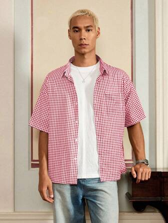 Manfinity 男士休闲格子前扣宽松短袖衬衫，夏季