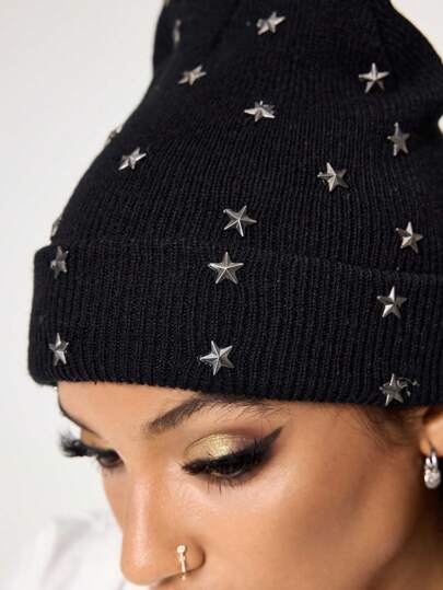 Grunge Punk 1pc Hip Hop Rock Style Star Studded Knit Hat, Punk Black Solid Color Warm Beanie, Fashion Versatile Daily Wear Cap