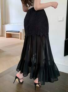 DAZY 女式撞色蕾丝和网眼荷叶边下摆优雅半身裙