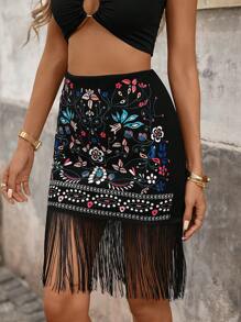 Brillora High Waist Tassel Hem Vacation Skirt - Black - View 1