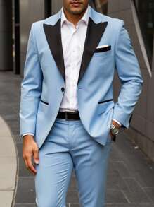Calvornis Conjunto de chaqueta y pantalón de traje con contraste de color para hombres de talla grande - Celeste - Ver 1