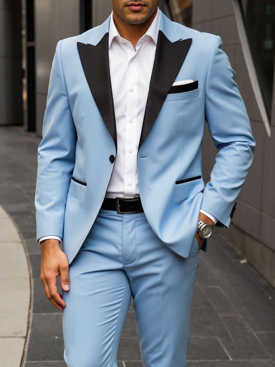 Calvornis Conjunto de chaqueta y pantalón de traje con contraste de color para hombres de talla grande - Celeste - Ver 1