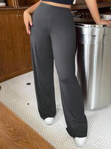 Dazy Plus Elastic Waist Solid Color Wide Leg Knit Casual Long Pants - Grey - View 2