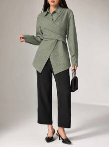 Heiryn Women's Casual/Office Solid Color Cross-Wrap Blouse