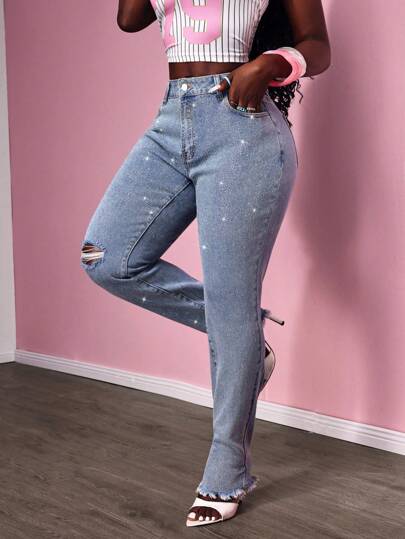 Slaydiva Jeans pitillo de mujer con botones de strass, de moda casual