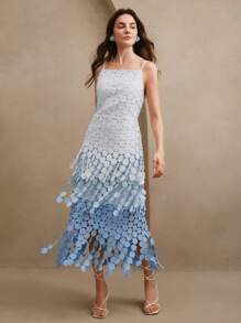 Anewsta Váy suông cạp cao thêu tua rua tròn, có lớp vải rủ mềm mại, trang phục mùa hè cho phụ nữ dự tiệc - Màu xanh lam - Xem 4