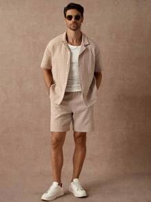 Manfinity Homme 2pcs Urban Casual Houndstooth Print Short Sleeve Shirt Sets, Fashionable - Khaki - View 4