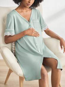 BloomMama Maternity Short Sleeve Nursing Nightgown With Lace&Button,Fashion Loungewear Sleepwear Pajama Dress Sleep Shirt - Green - View 5
