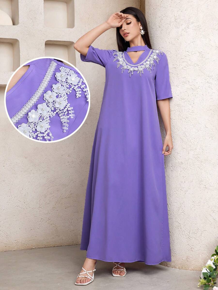 Al Najma 女士锁孔领贴花优雅阿拉伯风格连衣裙 - 紫色 - 查看 1