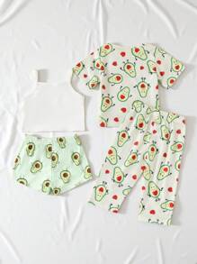 SHEIN Playful Pals 女嬰4入組休閒日常穿搭萌趣酪梨印花套裝，春夏適用