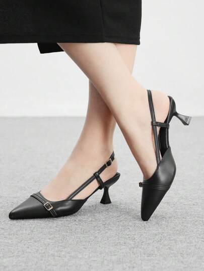 CUCCOO BIZCHIC Zapatos de tacón de aguja de tacón de gatito negro con correa trasera, cómodos y versátiles para uso diario, oficina y transporte de la mujer