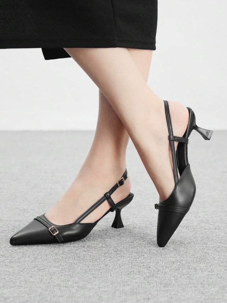 CUCCOO BIZCHIC Women's Pointed Toe Kitten Heel Black Backstrap Comfortable Versatile Daily Commute Office Lady High Heel Mule Shoes For Christmas Spring Shoes