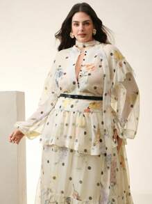 Anewsta Plus Size Elegant Polka Dot Ruffle Trim Casual Shirt