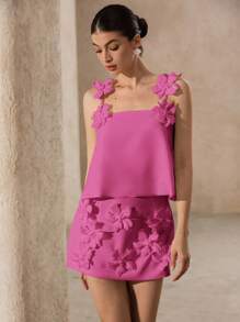 Aveloria Rosie White Handmade 3D Floral Applique Strap Camisole And Matching Mini Skirt Set, Elegant Refined Romantic Outfits For Women