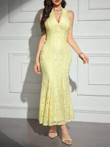Modelyn Women's Solid Color Lace Panel Halter Backless Sleeveless Arabic Style Dress - Yellow - View 2