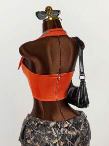 Amplova 女式无袖短款上衣，胸部带金属扣，露背设计 - 亮橙色 - 查看 7