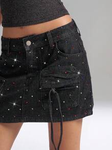 LYSMO Summer Ladies Dark Grey Mini Cargo Denim Skirt With Colored Rhinestones, For Night Out, Street Wear Y2k, Cute Western Elegant Wedding Guest - Multicolor - View 4