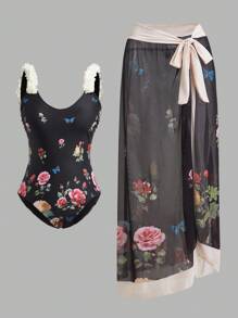 Swim Oasis 加大码女式花卉印花细肩带连体泳衣（含罩衫裙套装），适合度假 - 黑色 - 查看 1