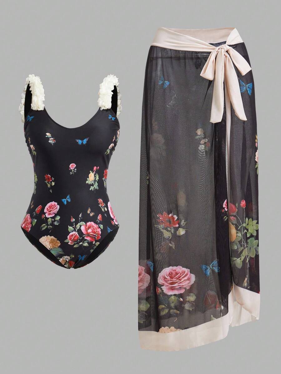 Swim Oasis 加大码女式花卉印花细肩带连体泳衣（含罩衫裙套装），适合度假 - 黑色 - 查看 1
