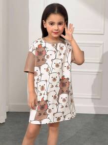 SHEIN Vestido casual de manga corta con cuello redondo, estampado de capibara, cómodo y suelto para niña joven - Caqui - Ver 7