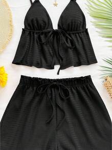 Soleia 新款女士度假绿色针织纹理可调节上衣+荷叶边短裤套装，适合下午茶、街头、度假、四季皆宜、派对、音乐节、复活节、度假风、休闲风、波西米亚风、西部风、音乐节风、乡村风、早午餐、海滩、机场穿搭、机场、宽松版型、毕业季、女士两件套、婚礼服两件套夏季度假套装女士两件套夏季两件套沙滩装 - 黑色 - 查看 6