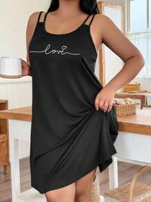 SHEIN Plus Size Casual Letter Print Sleeveless Nightgown - Black - View 4