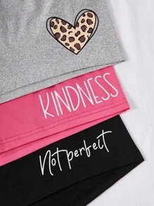 SHEIN Set de 3 piezas de pijama corto informal con estampado de corazón y letras, que incluye top de manga corta y shorts - Multicolor - Ver 3
