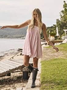 Aralina Summer / Fall Beach Vacation Broderie Trim Baby Doll Pink Mini Dress - Pink - View 7