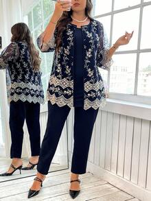 SHEIN Clasi 大码优雅刺绣网眼上衣和裤子两件套，夏季 - 藏蓝色 - 查看 4