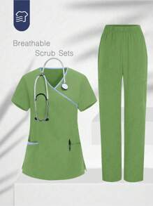 TaskEZ V领短袖口袋手术服上衣和裤子手术服套装