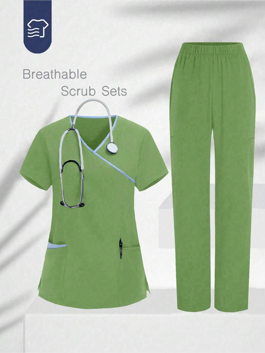 TaskEZ V领短袖口袋手术服上衣和裤子手术服套装