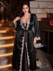 SHEIN 2pcs Plus Size Contrast Lace Trim Satin Look Slip Dress And Robe Set Silk Dress Robe Set Silk Sleepwear Dress With Robe Lace Trim Silk Robe - Black - View 7