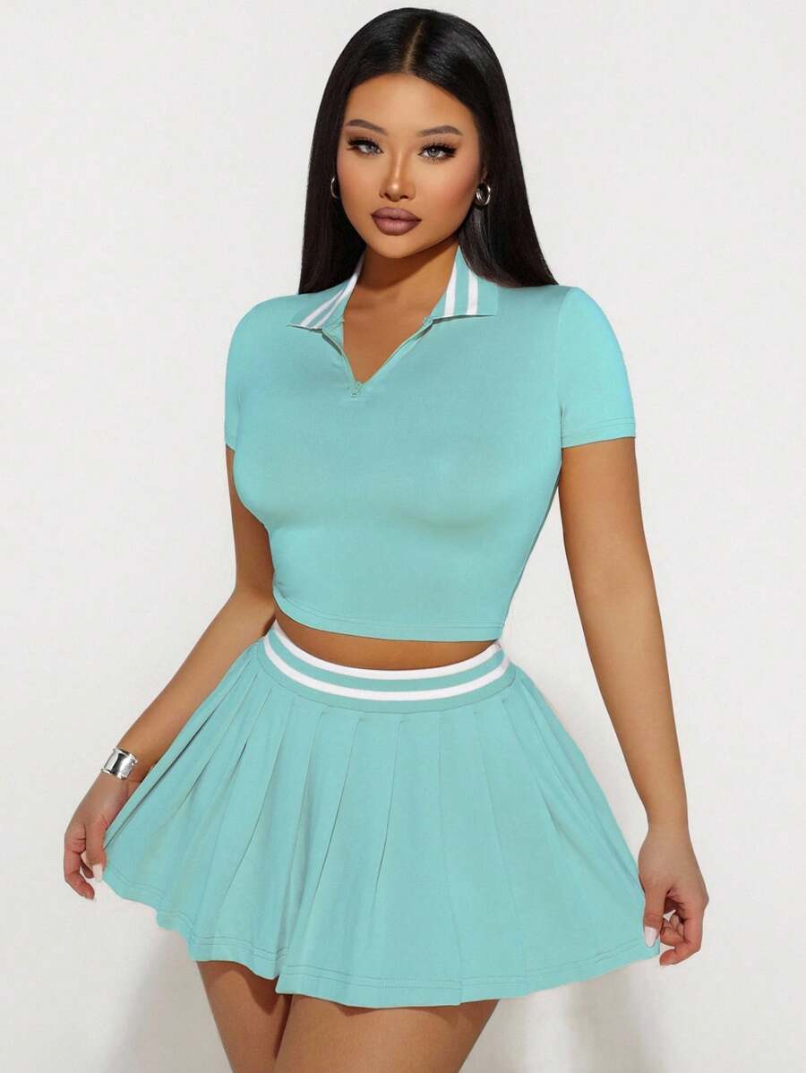 Sirith 2pcs Women Summer Striped Collared Short Sleeve Cropped T-Shirt And Pleated Midi Skirt Casual Set - Mint Blue - View 1