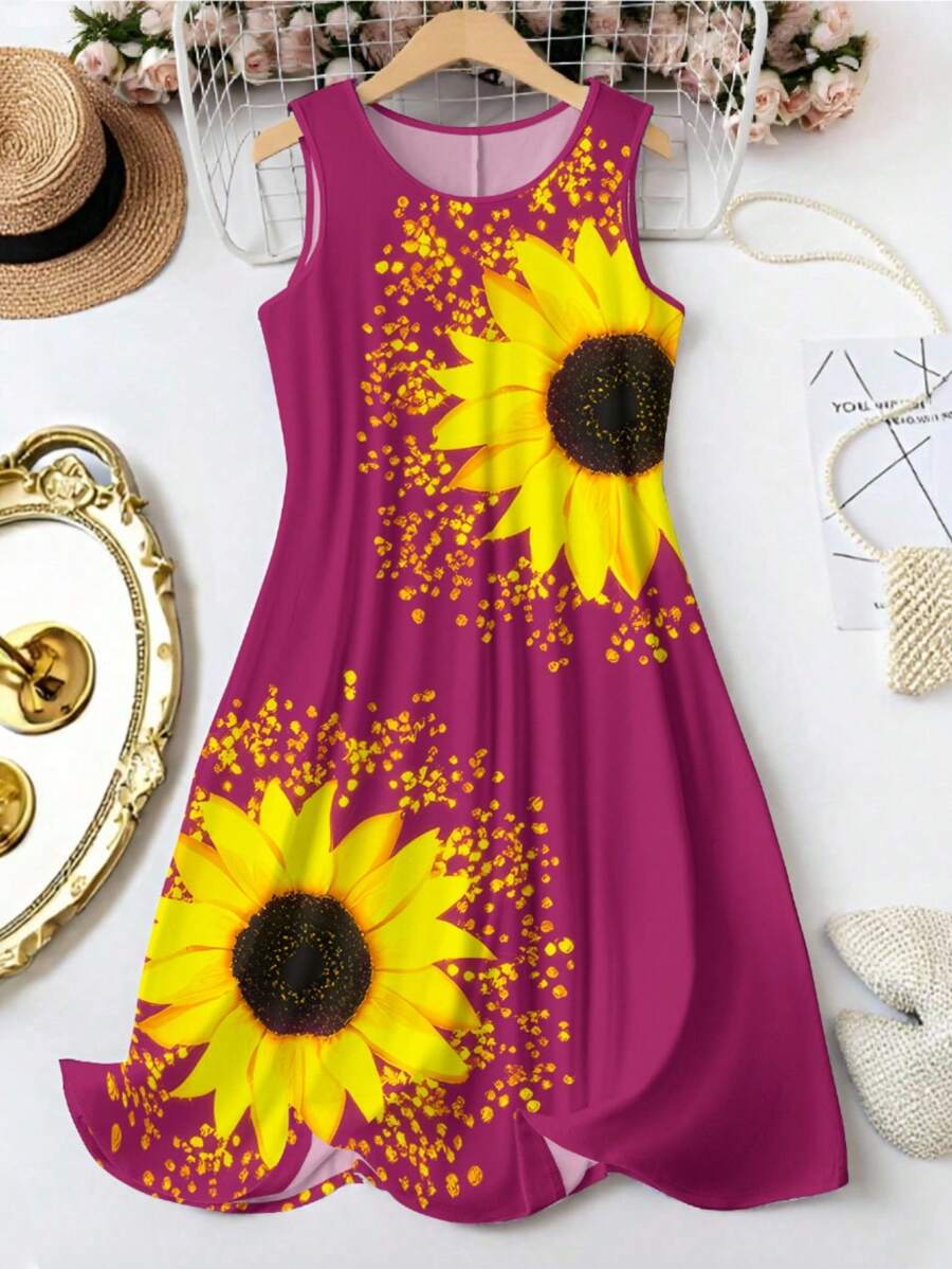 SHEIN LUNE Plus Size Fashionable Sunflower Print Crew Neck Tank Dress - Multicolor - View 1