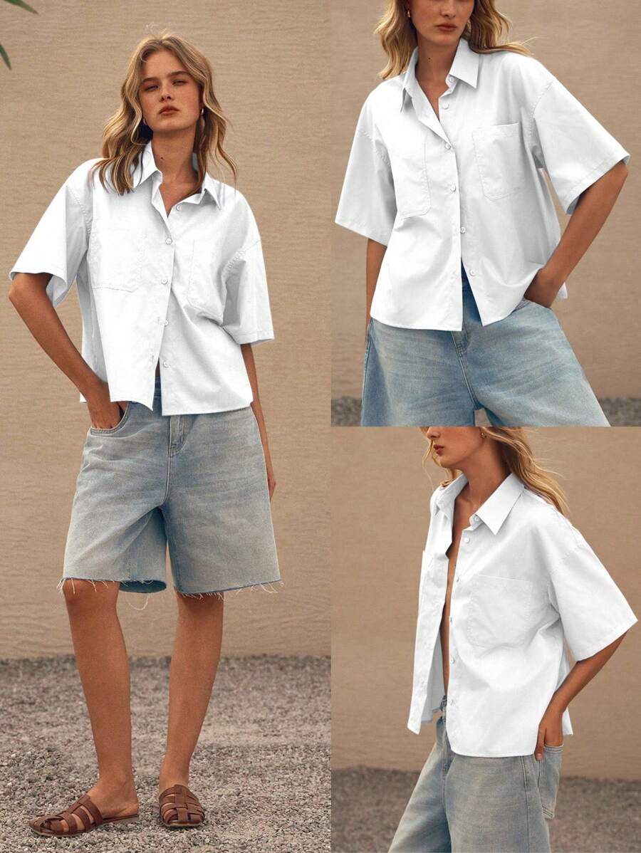 Lumivelle Fashion Blue Short Sleeve Simple Pocket Lapel Collar Women Casual Shirt - White - View 1