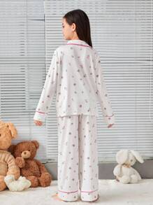 SHEIN 女大童碎花拼接滾邊睡衣套裝 - 白色 - 查看 5