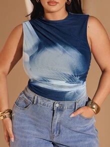 SHEIN BAE Combinaison imprimée florale plissée pour femmes grandes tailles, combinaison ajustée et sans manches en maille transparente, pour l'été, les tenues de soirée, l'automne, la rentrée scolaire, les vêtements Y2K pour femmes, les sorties de nuit, les rendez-vous galants, les tenues de voyage à l'aéroport