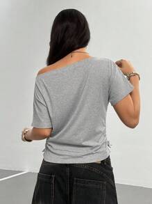 Teen Girl Letter & Butterfly Print Off Shoulder Short Sleeve Drawstring Casual T-Shirt - Khaki - View 2