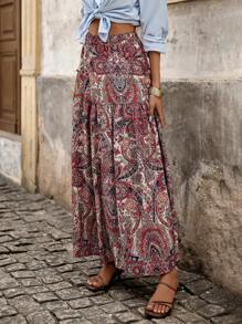 Brillora Paisley Print Ruffle Hem Skirt Without Belt