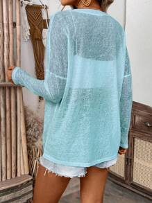 SHEIN LUNE Áo cánh dơi dài tay cổ chữ V rộng rãi cho nữ - Màu xanh lam - Xem 2