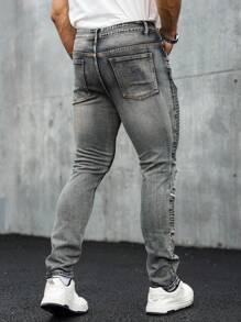 Manfinity Roughcore Men's Casual Everyday Washed Ripped Skinny Jeans - Medium Wash - View 2