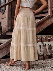 LanaWest Falda con volantes de estilo rural occidental para mujer, con patchwork de tela texturizada y detalle de pinza a la cintura - Albaricoque - Ver 7
