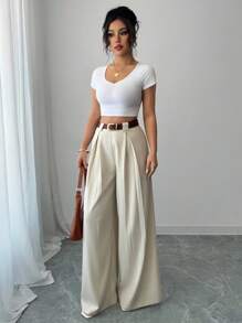 Selianne Quần ống rộng lưng cao màu trơn thường ngày - Màu be - Xem 5
